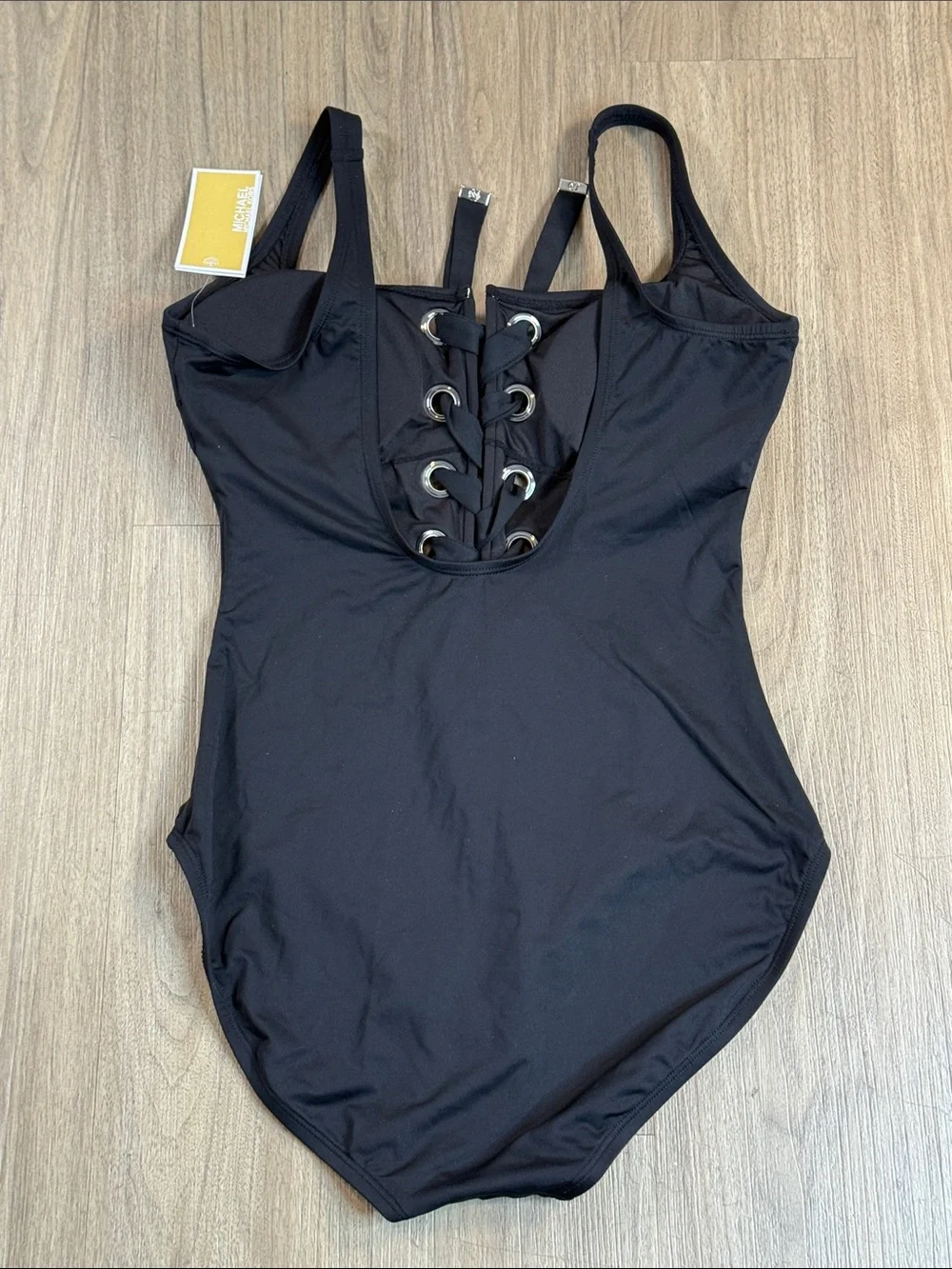 Michael Kors Black Lace-Up One-Piece Swimsuit - Silver Accents, Size 14